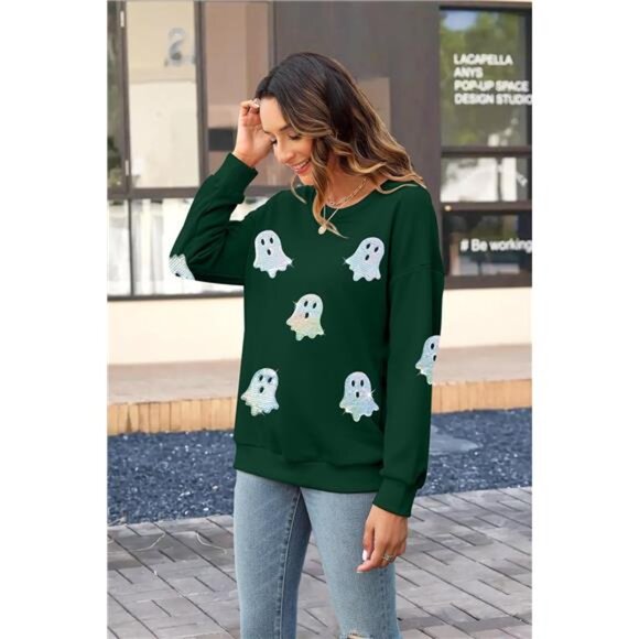 Halloween Sweatshirt – Colorful Sequin Ghost Graphic Pullover Crewneck - Picture 4 of 5